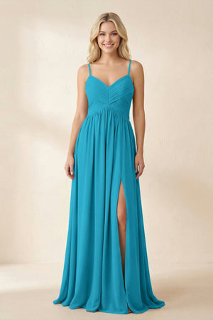 Cami Strap Chiffon A - Line Bridesmaid Dress with Slit in Blue Jay - SHE IS ME Bridesmaid Dresses