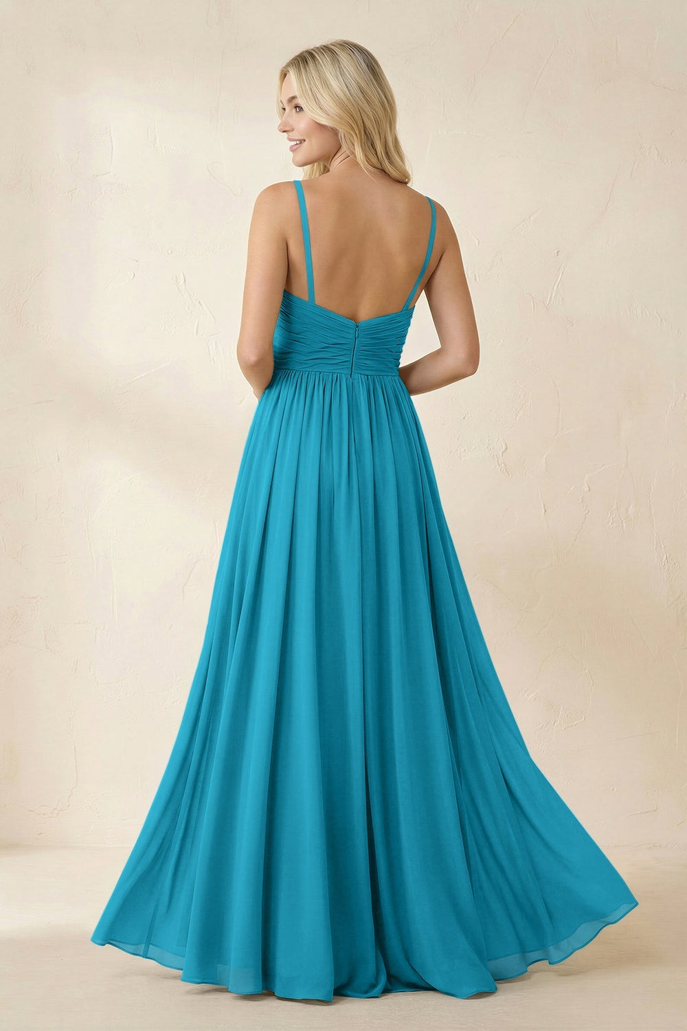 Cami Strap Chiffon A - Line Bridesmaid Dress with Slit in Blue Jay - KISS BRIDAL Bridesmaid Dresses