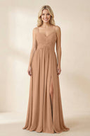 Cami Strap Chiffon A - Line Bridesmaid Dress with Slit in Bronzer - SHE IS ME Bridesmaid Dresses