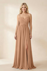 Cami Strap Chiffon A - Line Bridesmaid Dress with Slit in Bronzer - KISS BRIDAL Bridesmaid Dresses