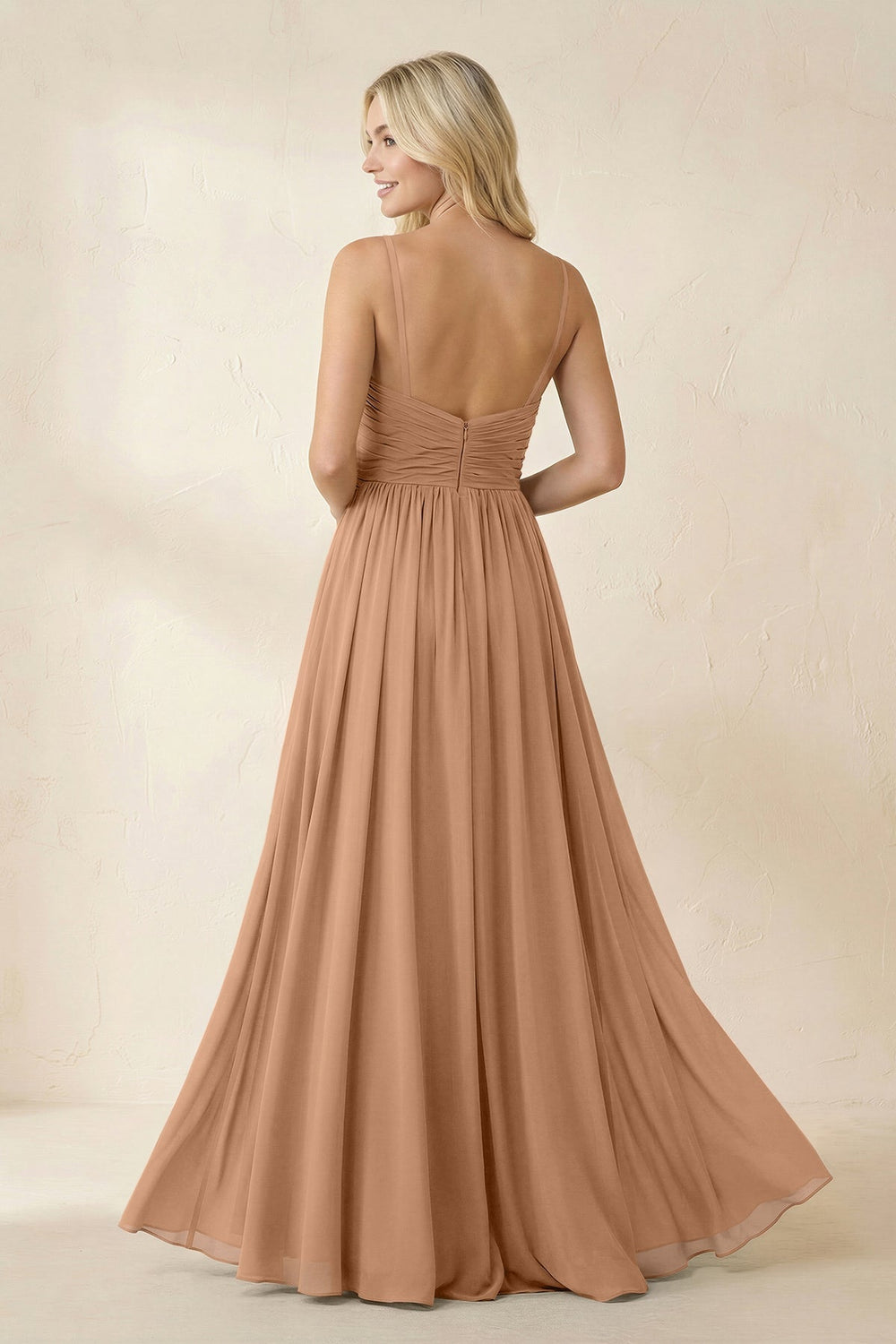 Cami Strap Chiffon A - Line Bridesmaid Dress with Slit in Bronzer - KISS BRIDAL Bridesmaid Dresses