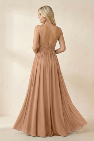 Cami Strap Chiffon A - Line Bridesmaid Dress with Slit in Bronzer - SHE IS ME Bridesmaid Dresses