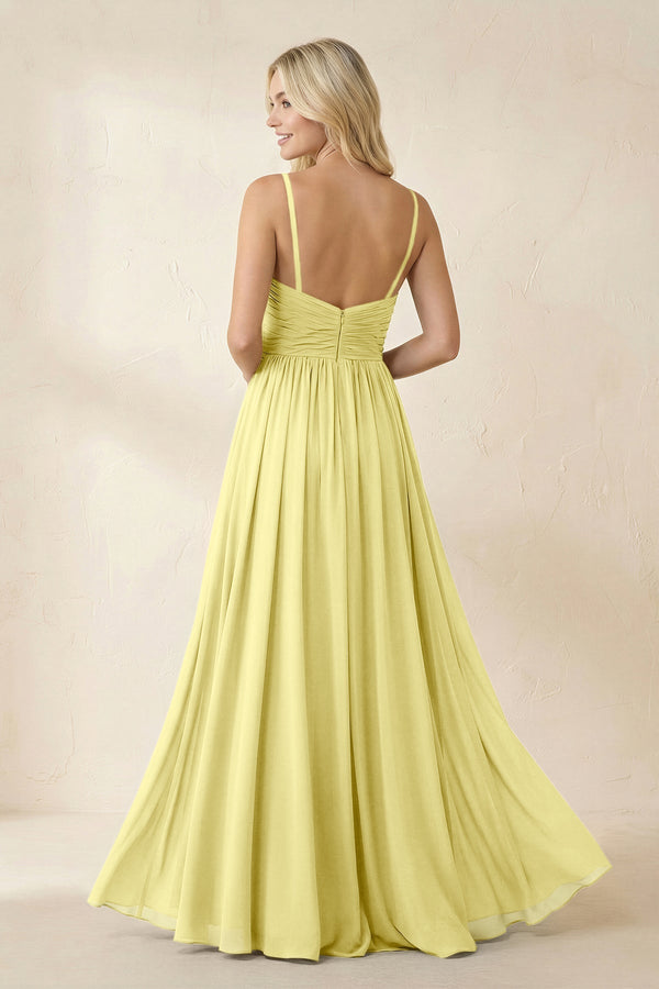 Cami Strap Chiffon A - Line Bridesmaid Dress with Slit in Buttercup - SHE IS ME Bridesmaid Dresses