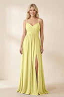 Cami Strap Chiffon A - Line Bridesmaid Dress with Slit in Buttercup - SHE IS ME Bridesmaid Dresses