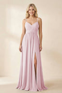 Cami Strap Chiffon A - Line Bridesmaid Dress with Slit in Candy Pink - SHE IS ME Bridesmaid Dresses