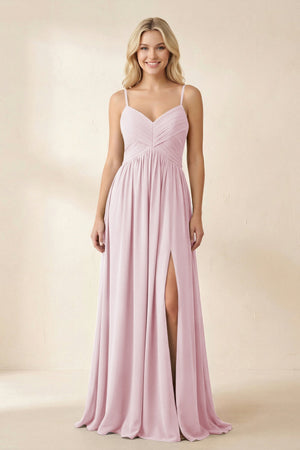 Cami Strap Chiffon A - Line Bridesmaid Dress with Slit in Candy Pink - SHE IS ME Bridesmaid Dresses