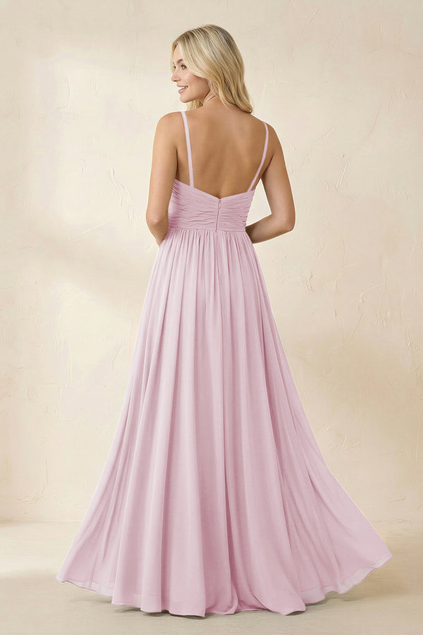 Cami Strap Chiffon A - Line Bridesmaid Dress with Slit in Candy Pink - KISS BRIDAL Bridesmaid Dresses