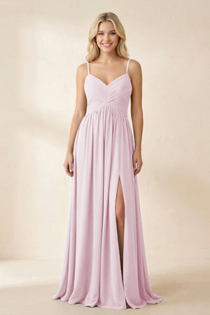 Cami Strap Chiffon A - Line Bridesmaid Dress with Slit in Candy Pink - KISS BRIDAL Bridesmaid Dresses