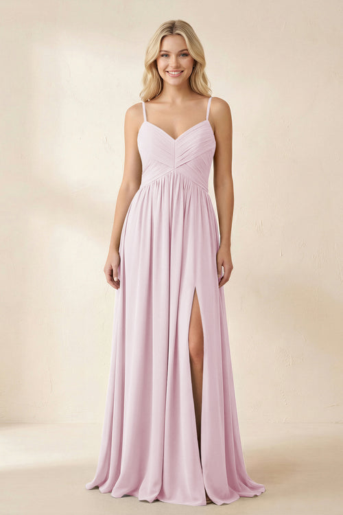 Cami Strap Chiffon A - Line Bridesmaid Dress with Slit in Candy Pink - KISS BRIDAL Bridesmaid Dresses