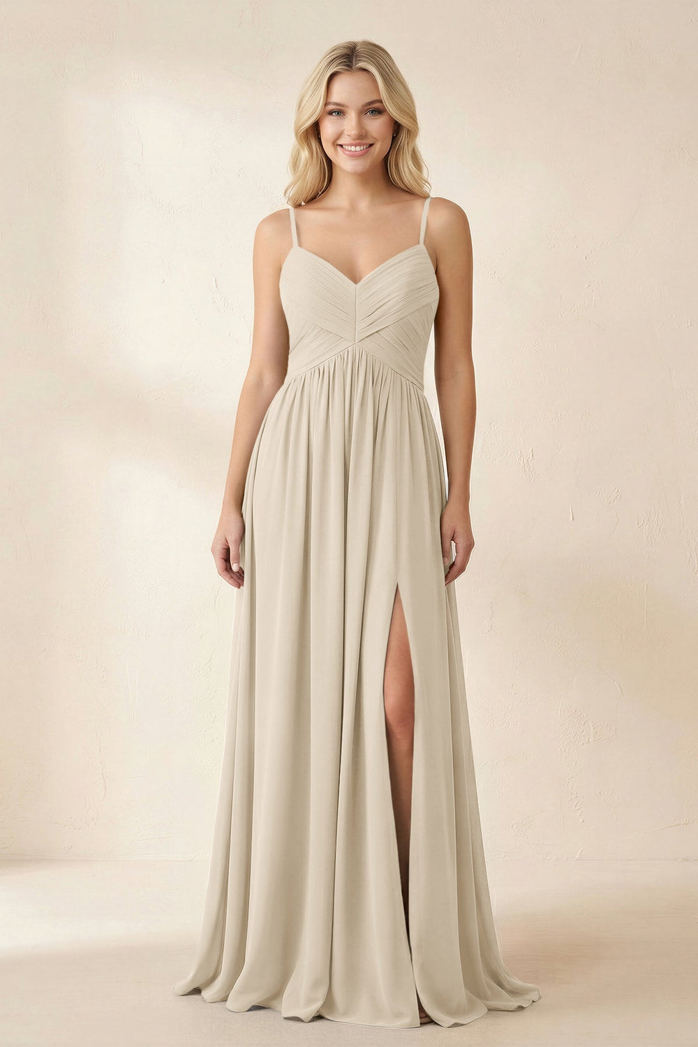 Cami Strap Chiffon A - Line Bridesmaid Dress with Slit in Champagne - KISS BRIDAL Bridesmaid Dresses