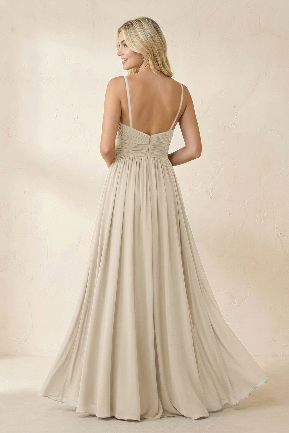 Cami Strap Chiffon A - Line Bridesmaid Dress with Slit in Champagne - KISS BRIDAL Bridesmaid Dresses