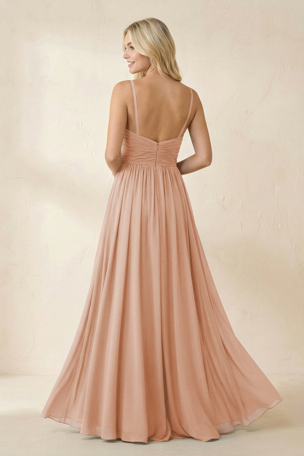 Cami Strap Chiffon A - Line Bridesmaid Dress with Slit in Champagne Rose - KISS BRIDAL Bridesmaid Dresses