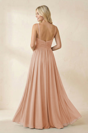 Cami Strap Chiffon A - Line Bridesmaid Dress with Slit in Champagne Rose - SHE IS ME Bridesmaid Dresses