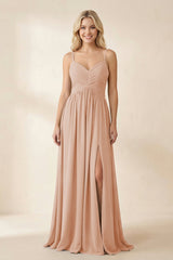 Cami Strap Chiffon A - Line Bridesmaid Dress with Slit in Champagne Rose - KISS BRIDAL Bridesmaid Dresses