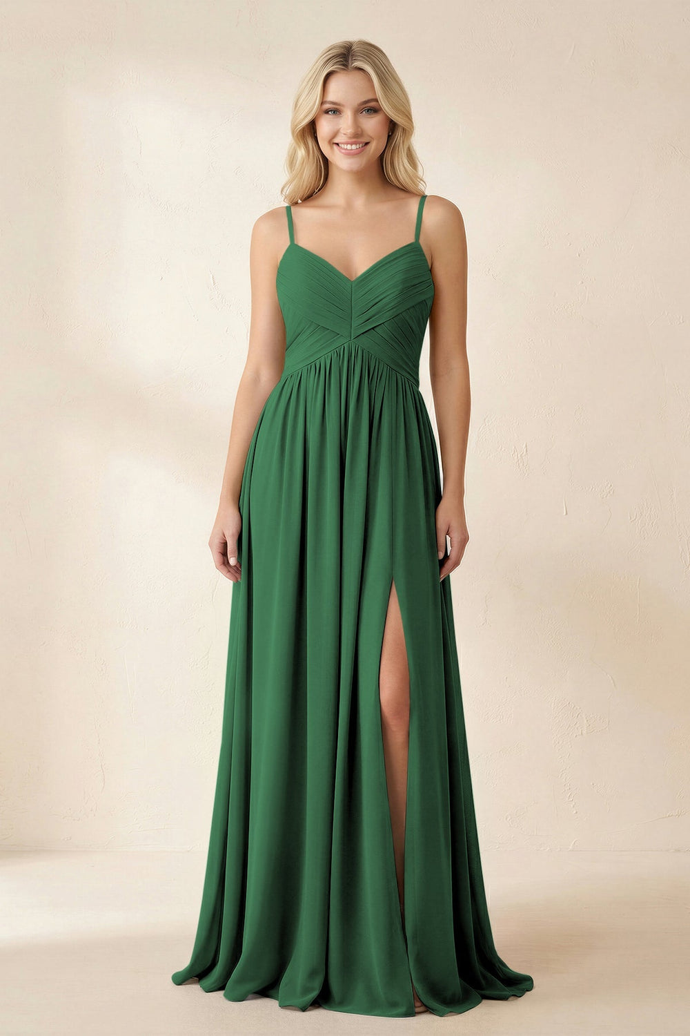 Cami Strap Chiffon A - Line Bridesmaid Dress with Slit in Dark Green - KISS BRIDAL Bridesmaid Dresses