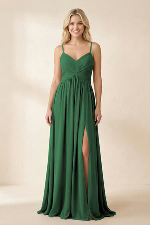 Cami Strap Chiffon A - Line Bridesmaid Dress with Slit in Dark Green - SHE IS ME Bridesmaid Dresses