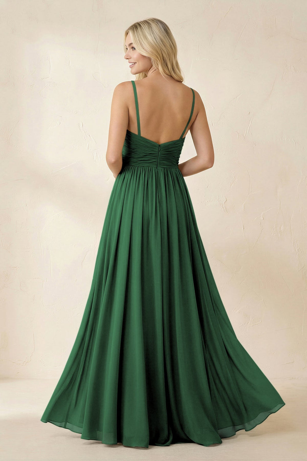Cami Strap Chiffon A - Line Bridesmaid Dress with Slit in Dark Green - KISS BRIDAL Bridesmaid Dresses