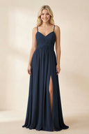 Cami Strap Chiffon A - Line Bridesmaid Dress with Slit in Dark Navy - SHE IS ME Bridesmaid Dresses
