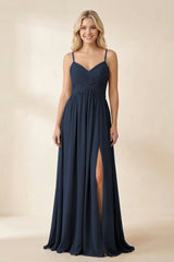 Cami Strap Chiffon A - Line Bridesmaid Dress with Slit in Dark Navy - KISS BRIDAL Bridesmaid Dresses