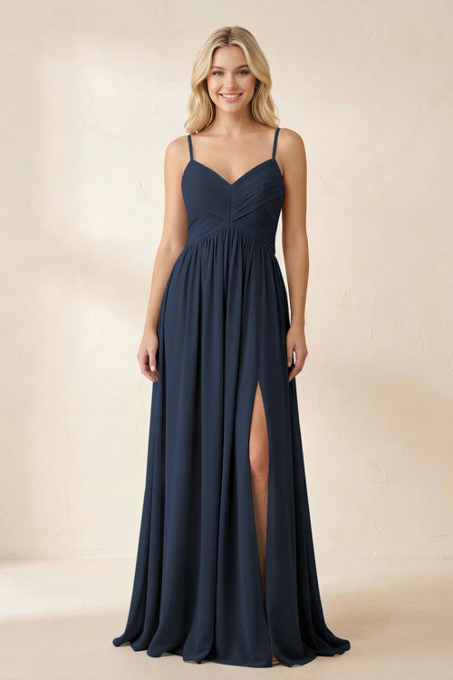 Cami Strap Chiffon A - Line Bridesmaid Dress with Slit in Dark Navy - SHE IS ME Bridesmaid Dresses