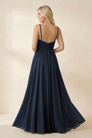 Cami Strap Chiffon A - Line Bridesmaid Dress with Slit in Dark Navy - SHE IS ME Bridesmaid Dresses