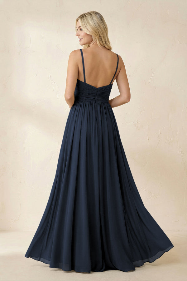 Cami Strap Chiffon A - Line Bridesmaid Dress with Slit in Dark Navy - SHE IS ME Bridesmaid Dresses