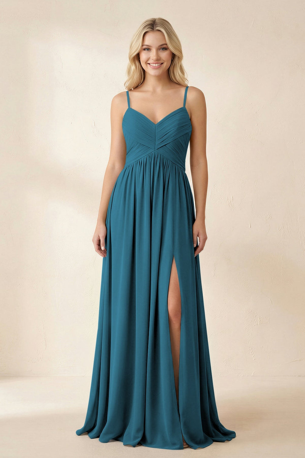 Cami Strap Chiffon A - Line Bridesmaid Dress with Slit in Dark Teal - KISS BRIDAL Bridesmaid Dresses