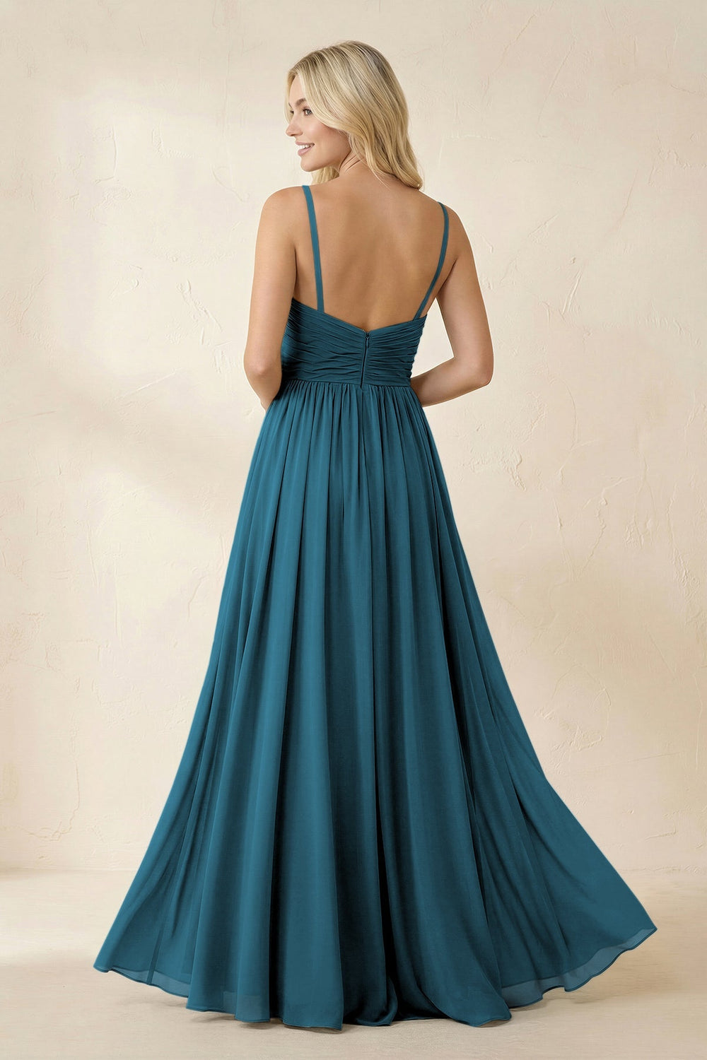 Cami Strap Chiffon A - Line Bridesmaid Dress with Slit in Dark Teal - KISS BRIDAL Bridesmaid Dresses