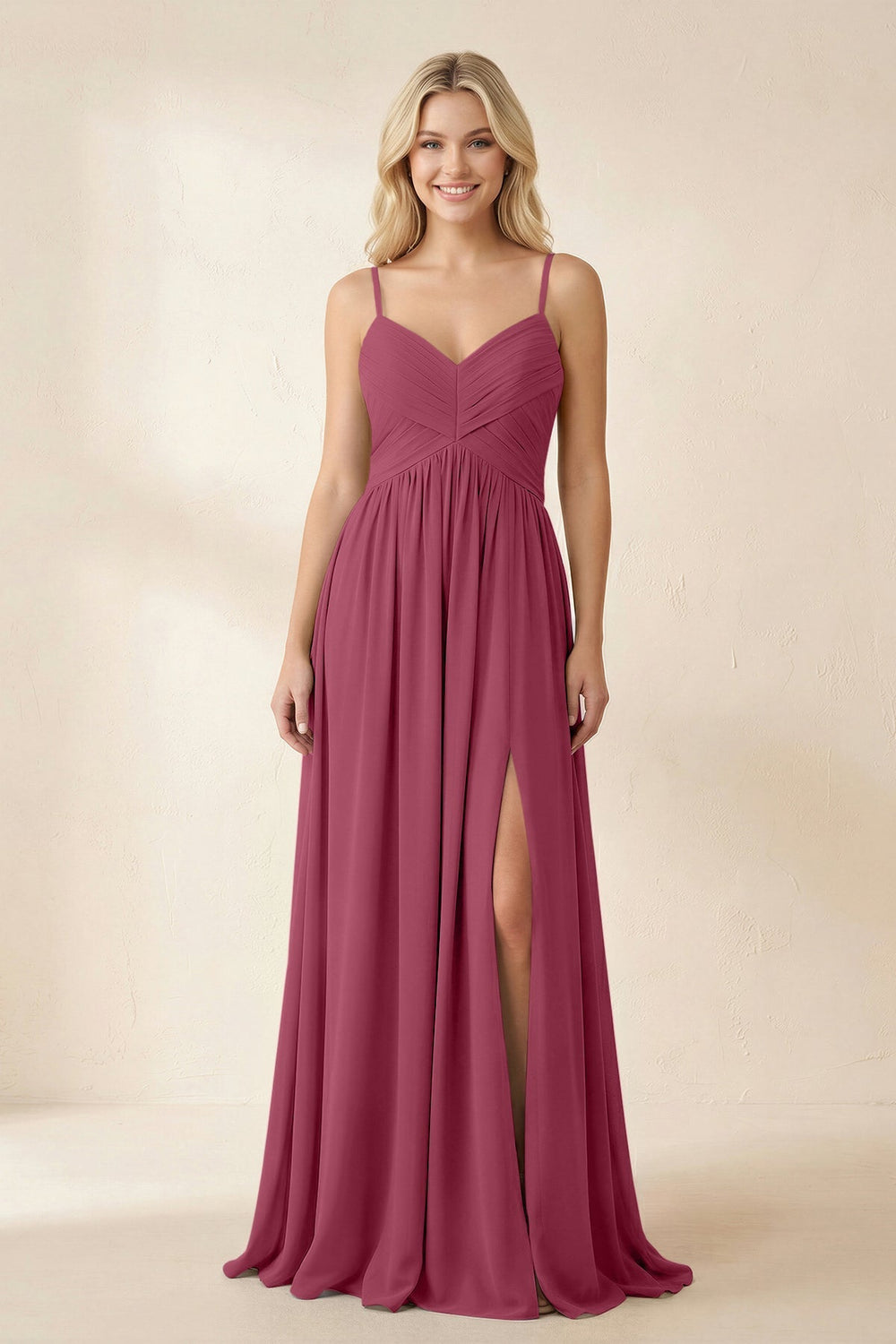 Cami Strap Chiffon A - Line Bridesmaid Dress with Slit in Desert Rose - KISS BRIDAL Bridesmaid Dresses