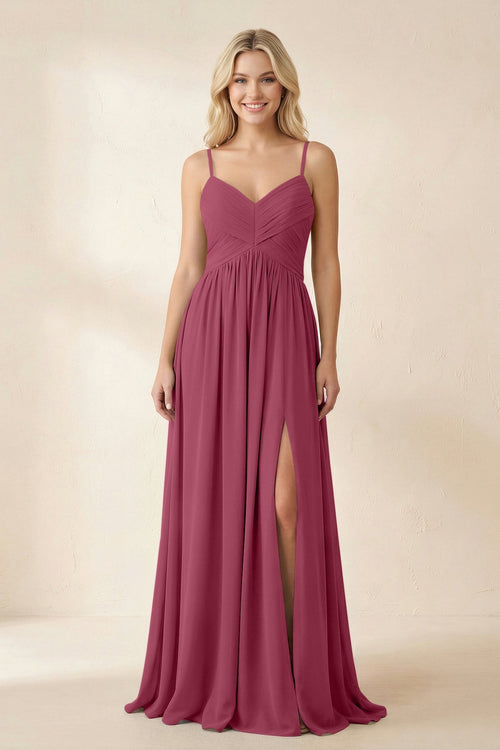 Cami Strap Chiffon A - Line Bridesmaid Dress with Slit in Desert Rose - SHE IS ME Bridesmaid Dresses