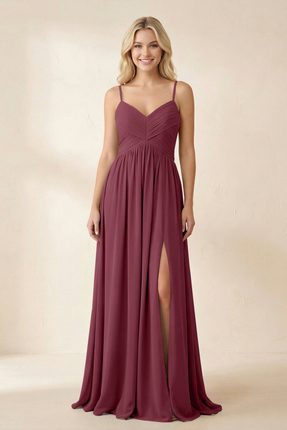 Cami Strap Chiffon A-Line Bridesmaid Dress with Slit in Desert Rose