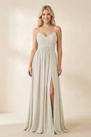 Cami Strap Chiffon A - Line Bridesmaid Dress with Slit in Dove Gray - SHE IS ME Bridesmaid Dresses