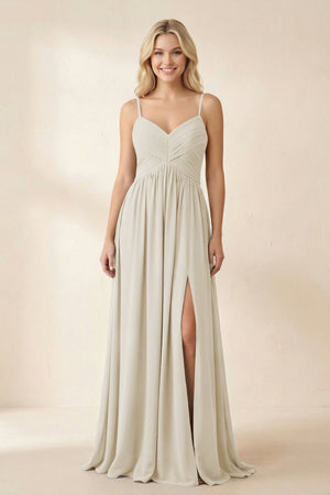 Cami Strap Chiffon A - Line Bridesmaid Dress with Slit in Dove Gray - SHE IS ME Bridesmaid Dresses