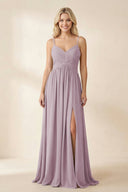 Cami Strap Chiffon A - Line Bridesmaid Dress with Slit in Dusk - SHE IS ME Bridesmaid Dresses