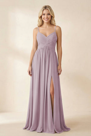 Cami Strap Chiffon A - Line Bridesmaid Dress with Slit in Dusk - SHE IS ME Bridesmaid Dresses