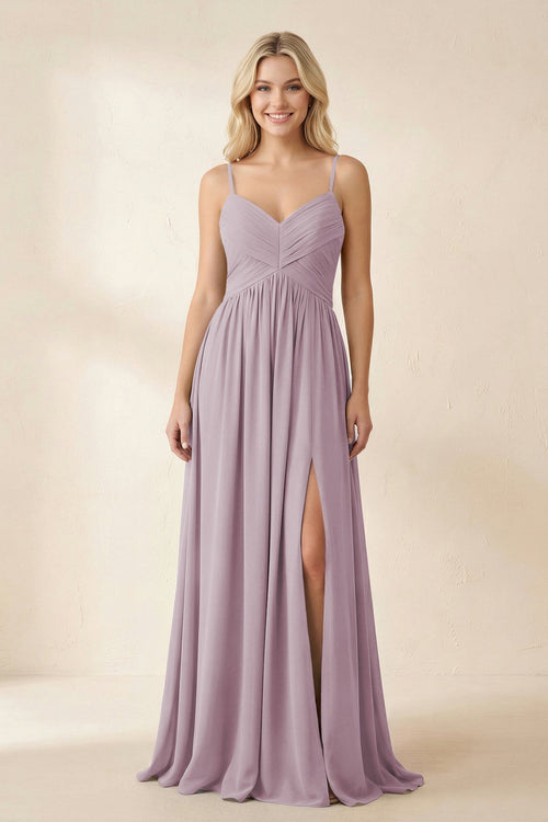Cami Strap Chiffon A - Line Bridesmaid Dress with Slit in Dusk - SHE IS ME Bridesmaid Dresses