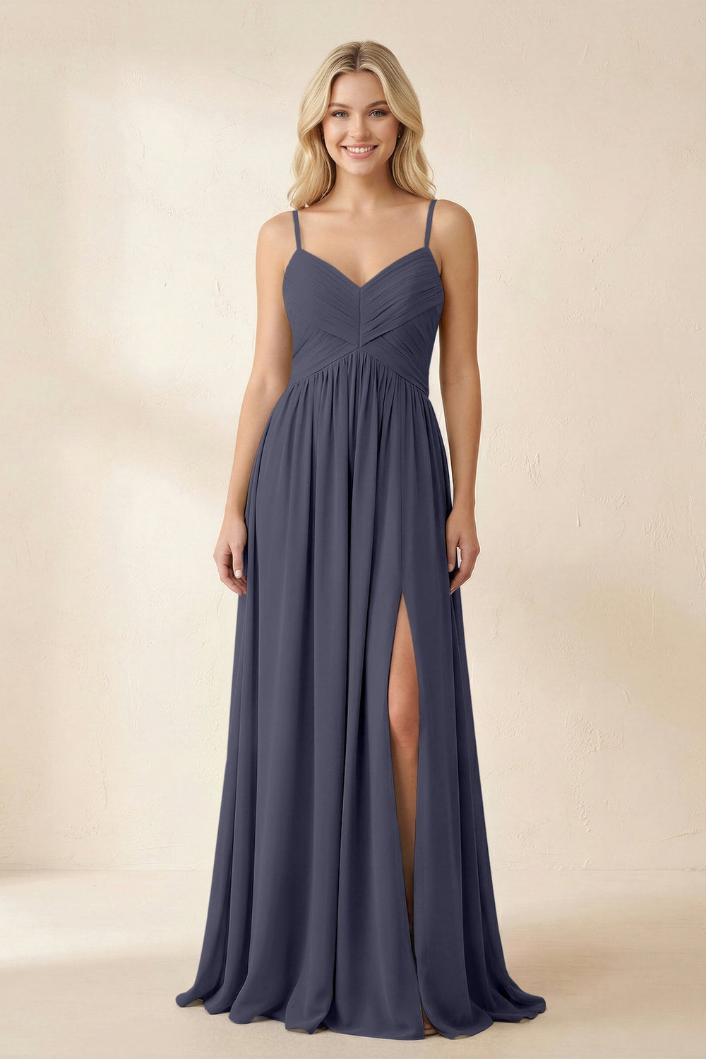 Cami Strap Chiffon A - Line Bridesmaid Dress with Slit in Dusk Blue - KISS BRIDAL Bridesmaid Dresses