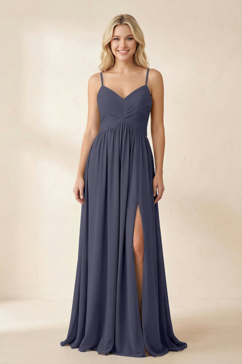 Cami Strap Chiffon A - Line Bridesmaid Dress with Slit in Dusk Blue - SHE IS ME Bridesmaid Dresses