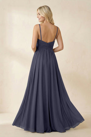 Cami Strap Chiffon A - Line Bridesmaid Dress with Slit in Dusk Blue - SHE IS ME Bridesmaid Dresses