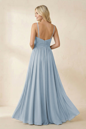 Cami Strap Chiffon A - Line Bridesmaid Dress with Slit in Dusty Blue - SHE IS ME Bridesmaid Dresses