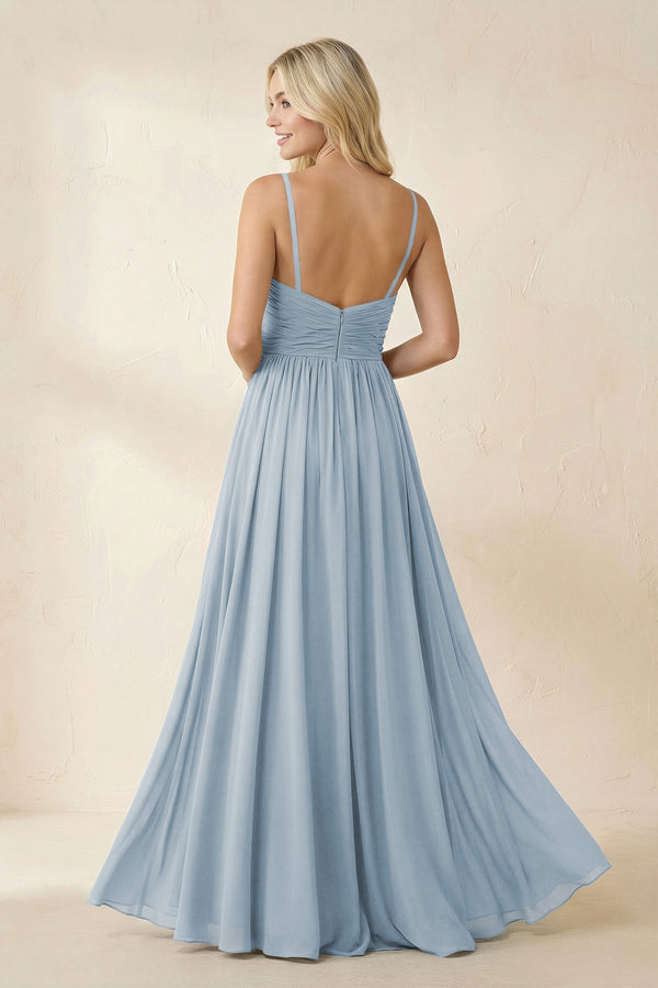 Cami Strap Chiffon A - Line Bridesmaid Dress with Slit in Dusty Blue - SHE IS ME Bridesmaid Dresses