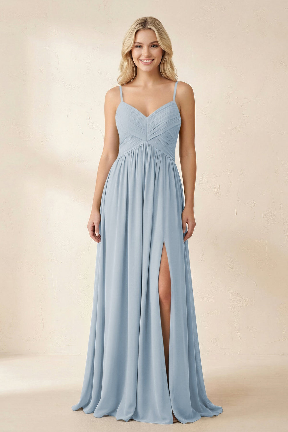 Cami Strap Chiffon A - Line Bridesmaid Dress with Slit in Dusty Blue - KISS BRIDAL Bridesmaid Dresses