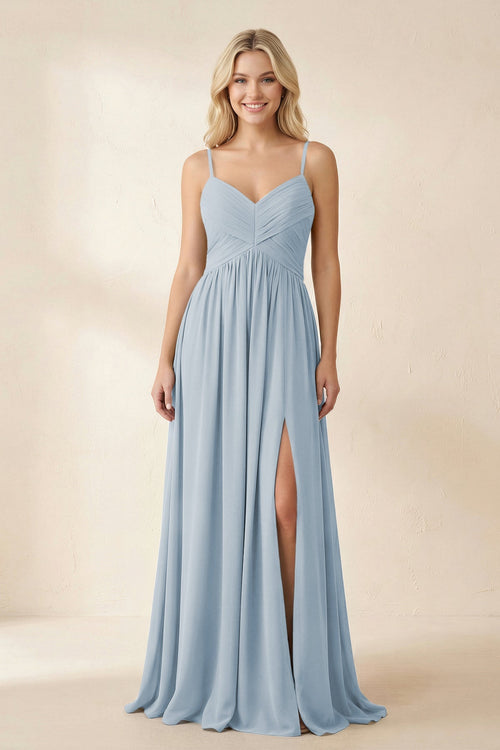 Cami Strap Chiffon A - Line Bridesmaid Dress with Slit in Dusty Blue - SHE IS ME Bridesmaid Dresses