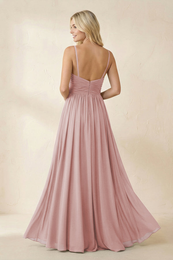 Cami Strap Chiffon A - Line Bridesmaid Dress with Slit in Dusty Rose - SHE IS ME Bridesmaid Dresses