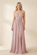 Cami Strap Chiffon A - Line Bridesmaid Dress with Slit in Dusty Rose - SHE IS ME Bridesmaid Dresses