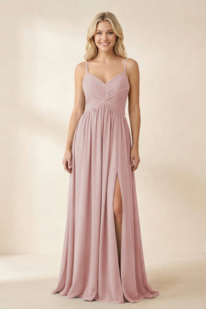 Cami Strap Chiffon A - Line Bridesmaid Dress with Slit in Dusty Rose - SHE IS ME Bridesmaid Dresses