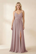 Cami Strap Chiffon A - Line Bridesmaid Dress with Slit in Dusty Rose - KISS BRIDAL Bridesmaid Dresses