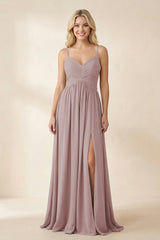 Cami Strap Chiffon A - Line Bridesmaid Dress with Slit in Dusty Rose - KISS BRIDAL Bridesmaid Dresses