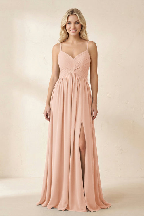 Cami Strap Chiffon A - Line Bridesmaid Dress with Slit in English Rose - SHE IS ME Bridesmaid Dresses