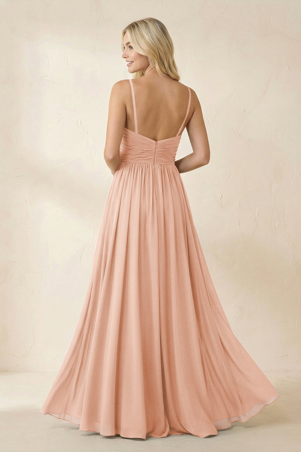 Cami Strap Chiffon A - Line Bridesmaid Dress with Slit in English Rose - KISS BRIDAL Bridesmaid Dresses